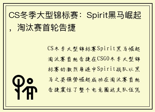 CS冬季大型锦标赛：Spirit黑马崛起，淘汰赛首轮告捷