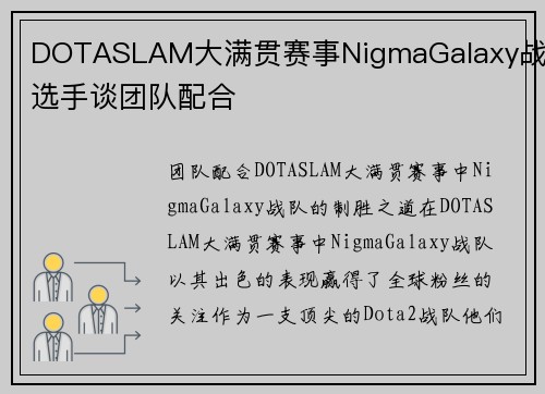 DOTASLAM大满贯赛事NigmaGalaxy战队选手谈团队配合