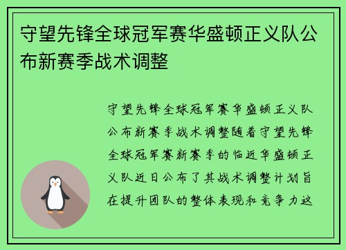 守望先锋全球冠军赛华盛顿正义队公布新赛季战术调整