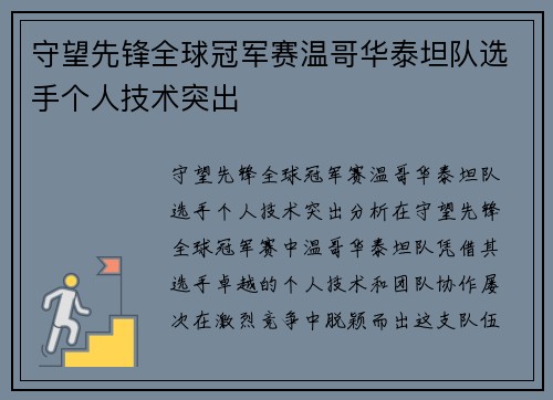 守望先锋全球冠军赛温哥华泰坦队选手个人技术突出