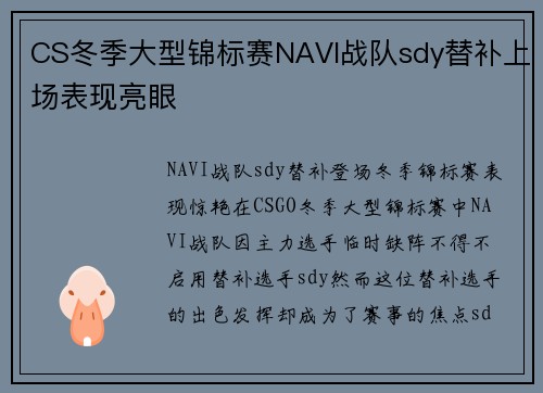 CS冬季大型锦标赛NAVI战队sdy替补上场表现亮眼